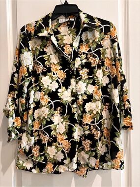 Joan Rivers Floral Blouse XS Gardenia Roll Tab Sleeve Office Chic Top